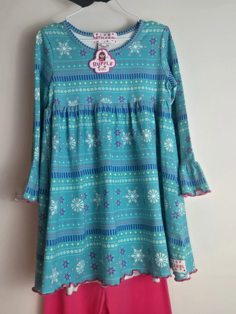 Ruffle Girl Teal Snowflake Tunic with Bright Pink Ruffle  Pants